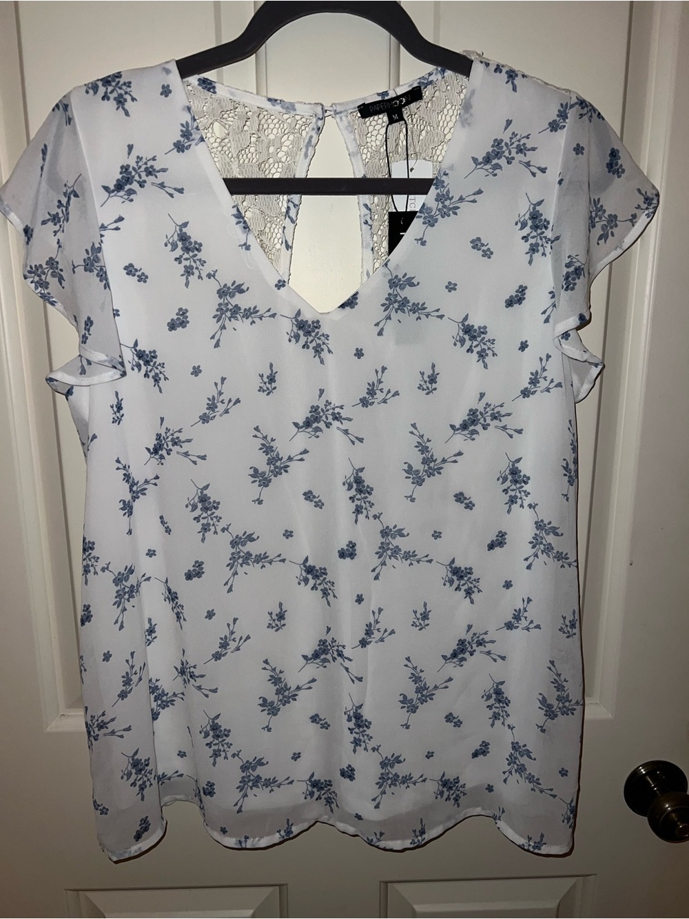Papermoon White V-Neck Floral Blouse with Lace Back